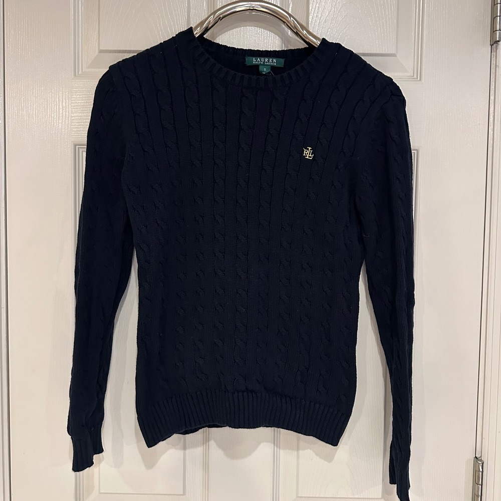Lauren Ralph Lauren Navy Blue Cable Knit Cotton Sweater Gold Monogram Small